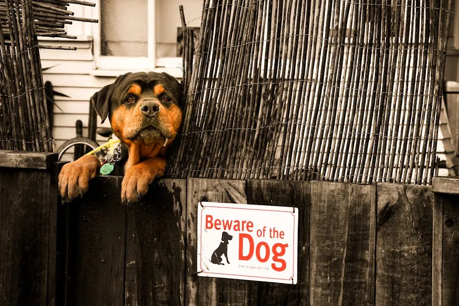 A Rottweiler Near a Beware of the Dog Signage