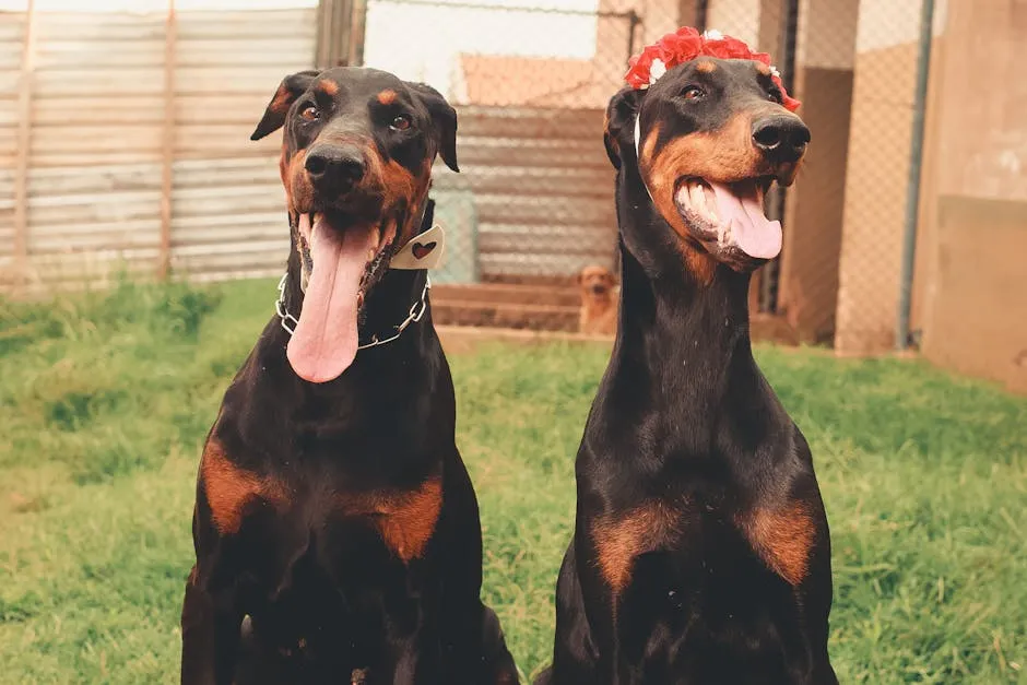 Close-Up Shot of Two Dobermann Dogs Sitting on the Grass
