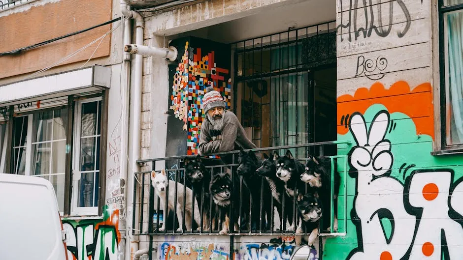 Man with Dogs on Balcony