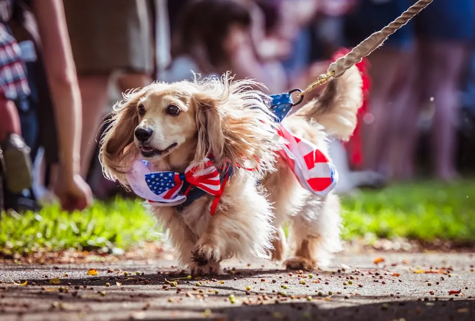 Adorable dog wearing a USA flag scarf, trotting happily in a parade, showcasing patriotism.