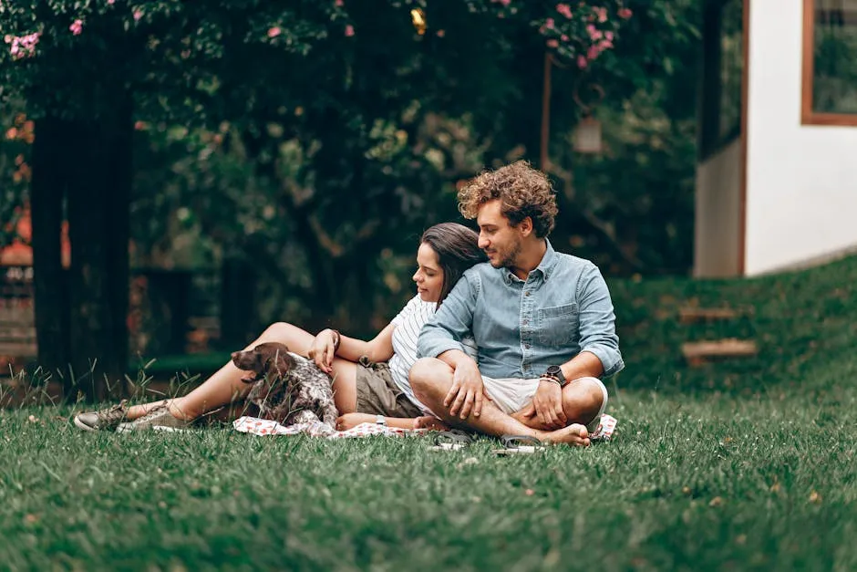 Couple Sitting with Dog at Park