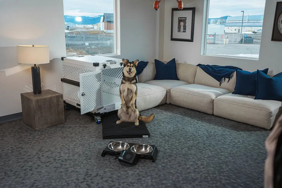 A stylish living room featuring a happy dog, comfortable sofa, and modern aluminum pet crate.