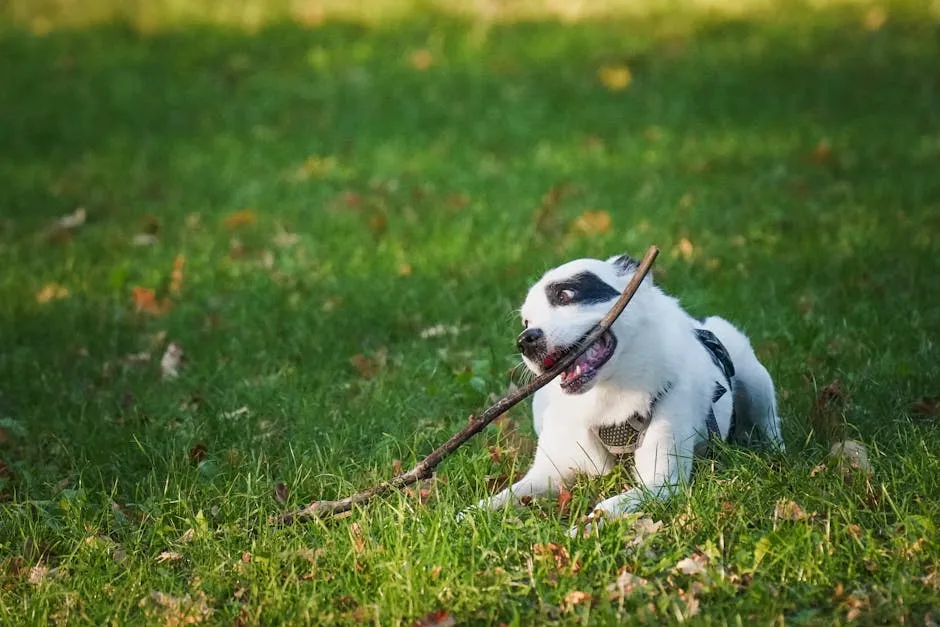 Playful Dog Chewing Stick on Green Lawn