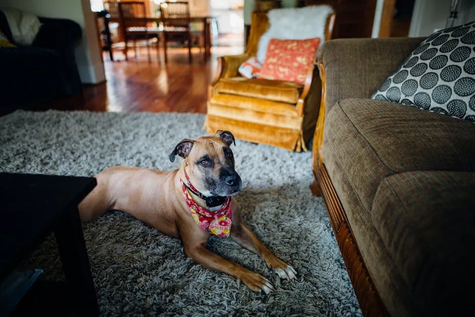 From above of serene smooth haired purebred dog in decorative neck scarf and collar lying on soft rug near sofa and armchair while looking at camera in flat