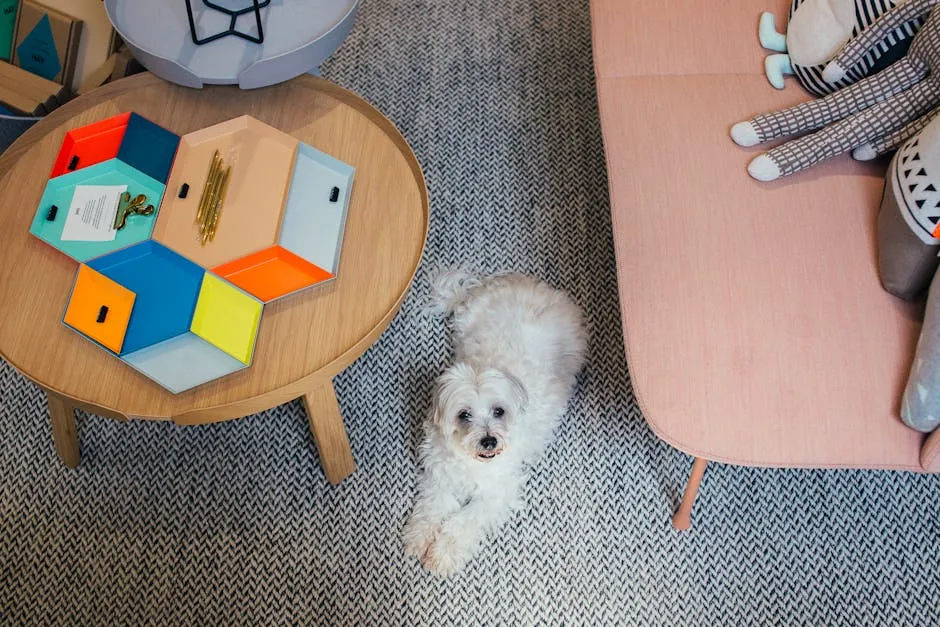 From above of adorable Maltese dog sitting on floor and looking at camera amidst table and sofa with various colorful toys