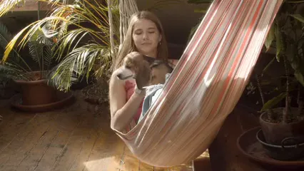 Horizontal video: A woman and her dog in a hammock 8056535. Duration: 8 seconds. Resolution: 3840x2160