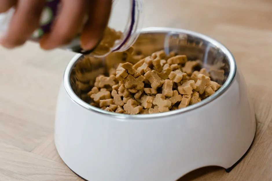 Hand Putting Dog Treats on Bowl 