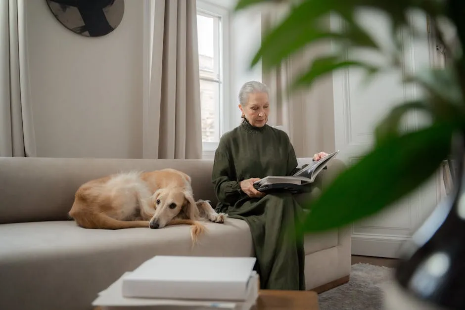 Elderly Woman Sitting on Sofa Next to Greyhound Dog and Reading a Book