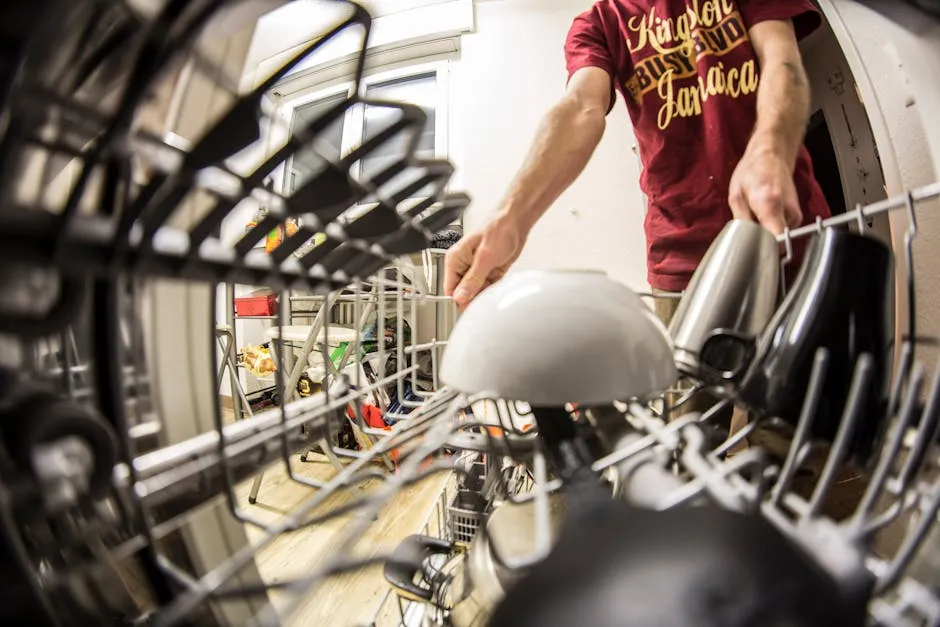 Fish-eye Photography of Man Pulling the Dishwasher Rack 