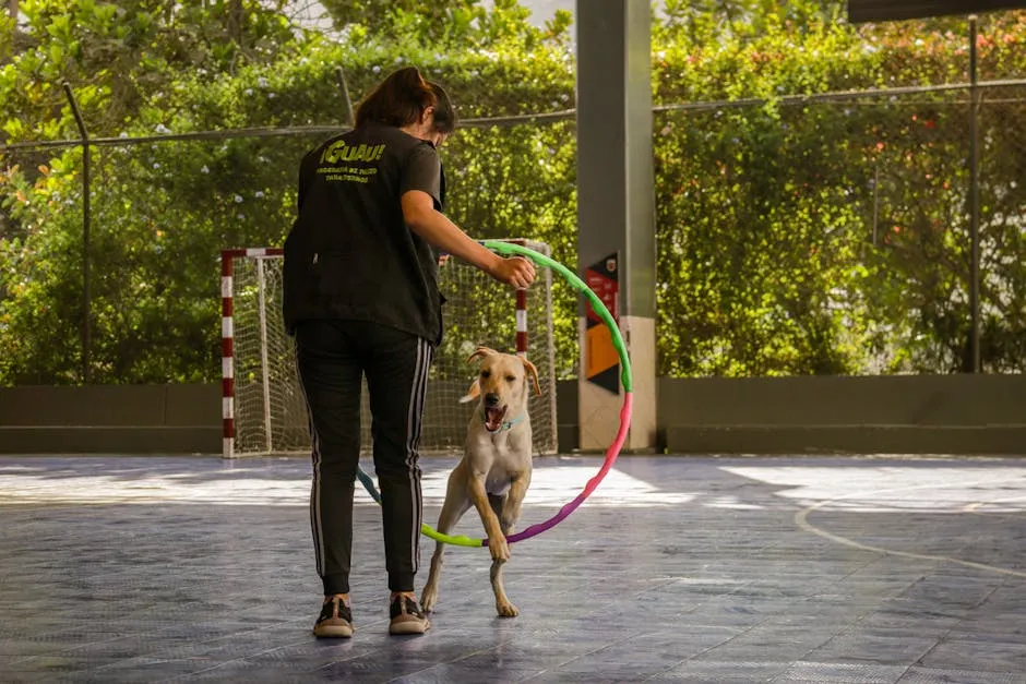 A dog jumps through a colorful hoop held by a trainer indoors.