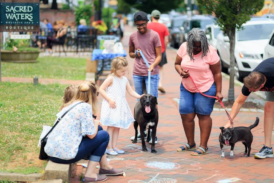 A multicultural group interacting with dogs outdoors on a sunny day in a lively park setting.