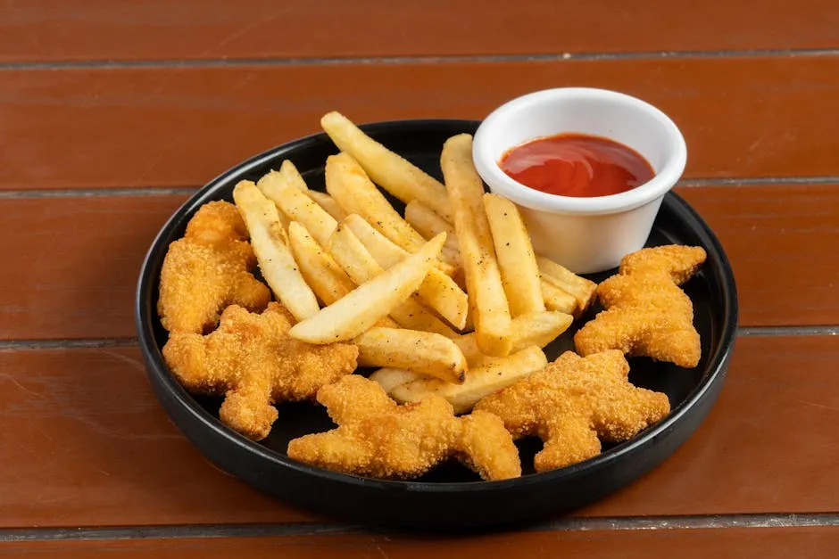 Playful Dinosaur Nuggets with Fries and Ketchup