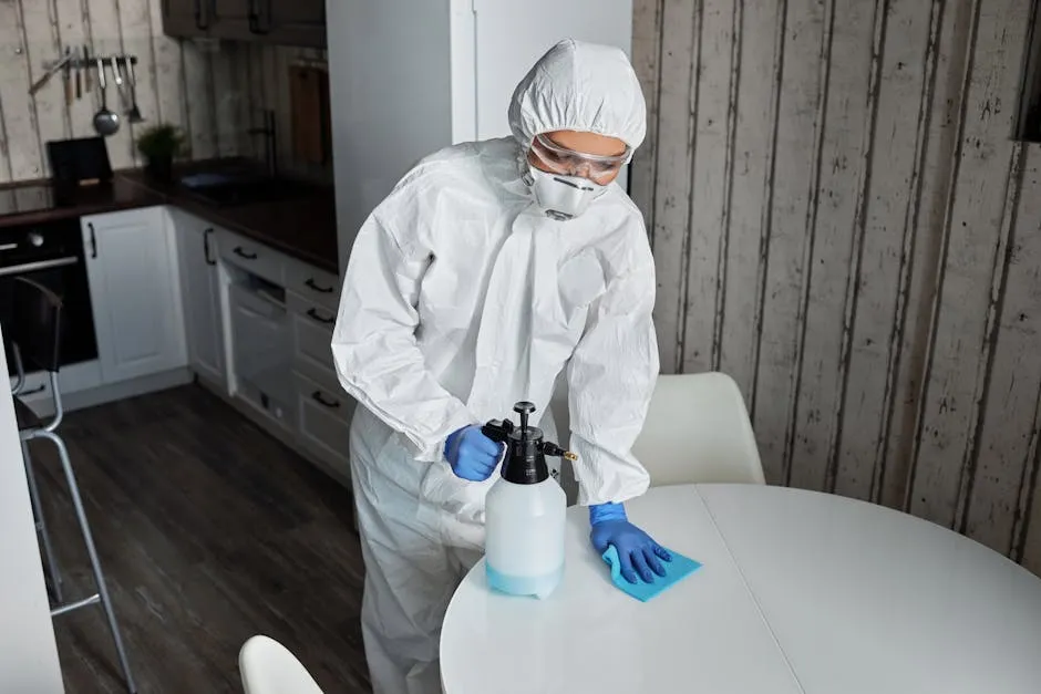 A Woman in White Coverall Cleaning the Table