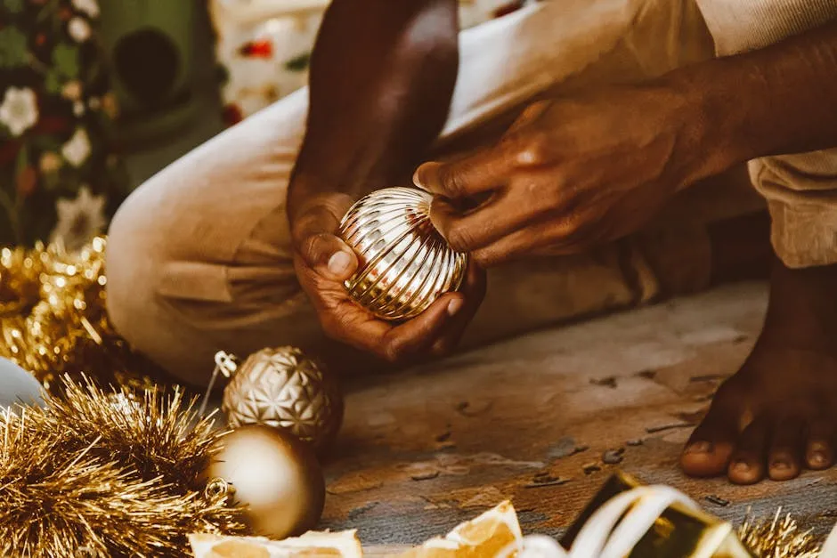 Close Up of Man Hands Holding Christmas Ornaments