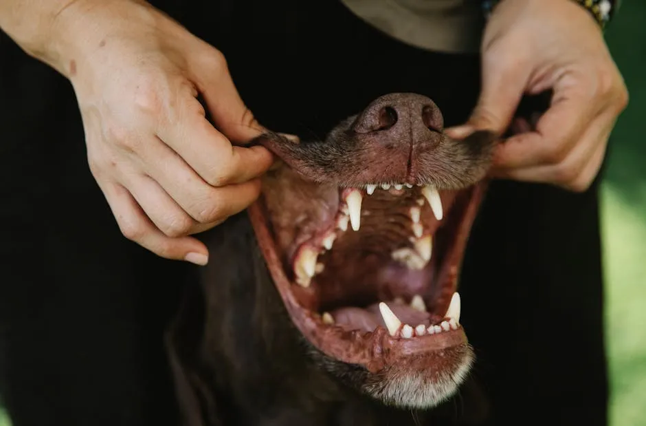 Close-up of a dog with its mouth open, held by a person, showing teeth and nose.