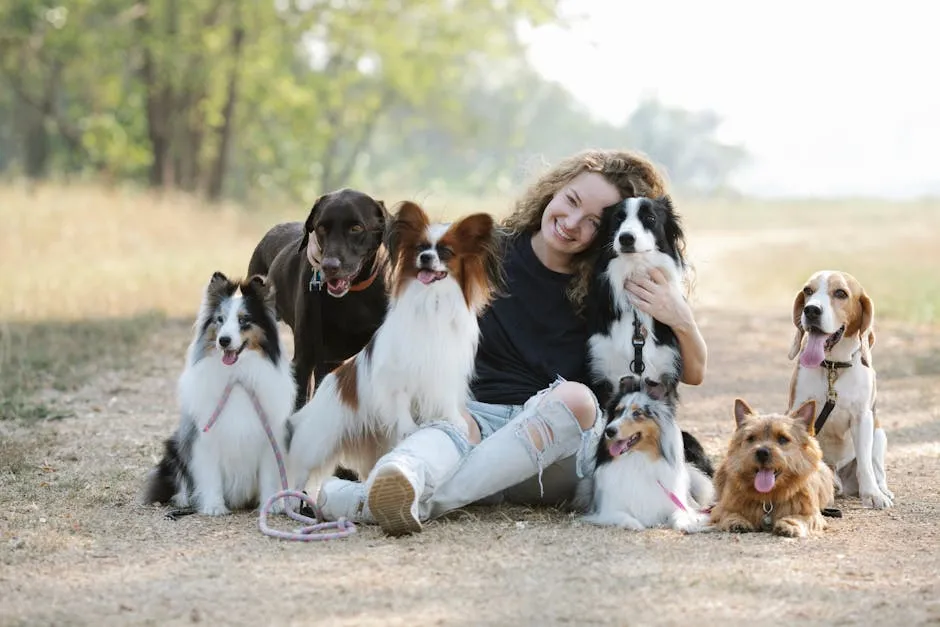 Gentle smiling woman embracing purebred dogs while sitting on ground