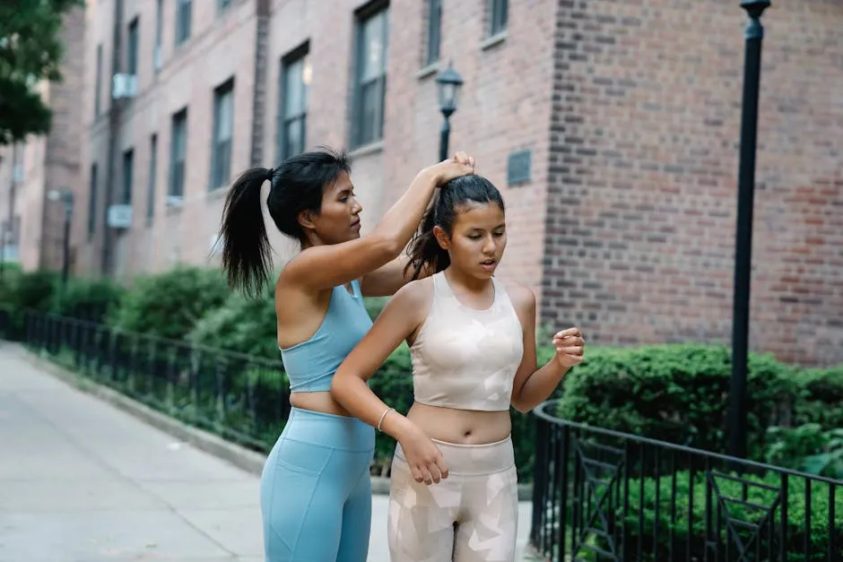 A Woman in Sports Wear Tying Hair while Standing on the Sidewalk Near a Building with Brick Walls