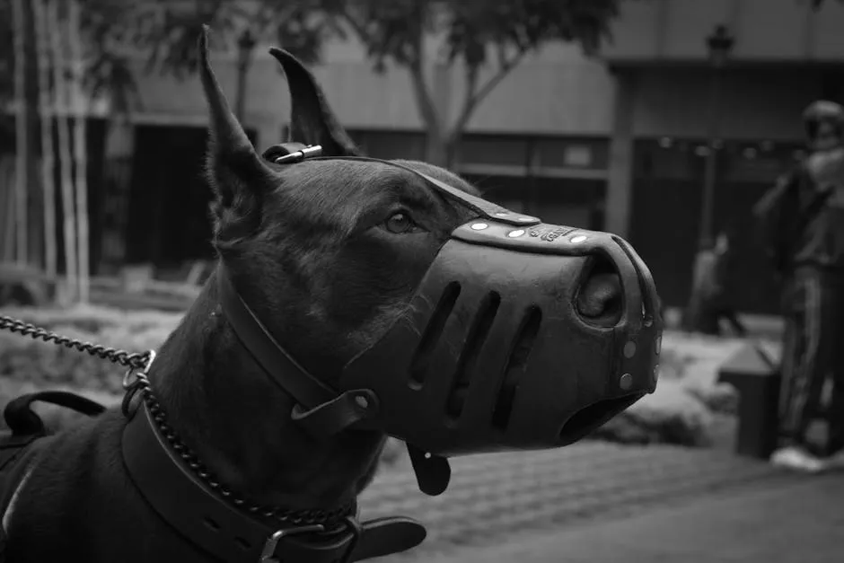 Close-up portrait of a Doberman Pinscher in a muzzle, captured in black and white, outdoors in Peru.