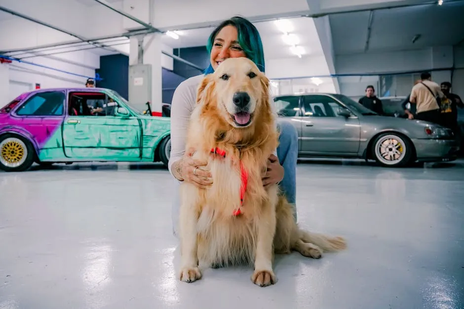 Smiling woman embraces her golden retriever with modified cars in background.