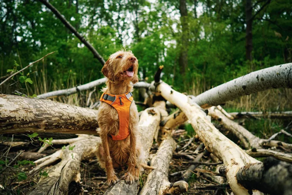 Happy Dog in Forest on Fallen Trees