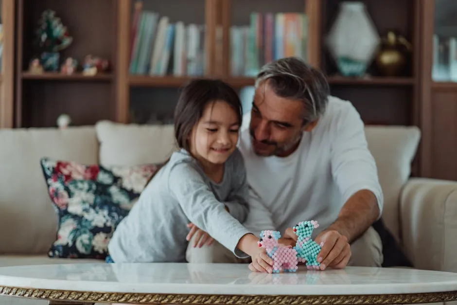 A father and daughter bonding while playing with toy animals in a cozy living room.