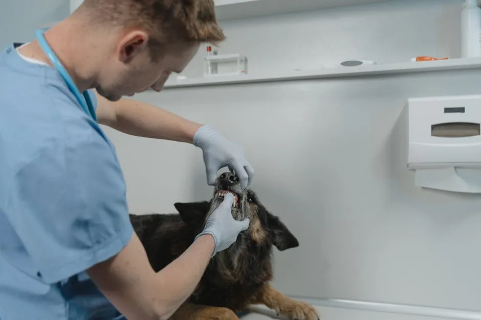 A veterinarian examines a dog's teeth, showcasing pet healthcare and dental check-up in a clinic setting.