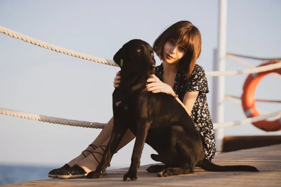 Woman Holding Short-coated Black Dog