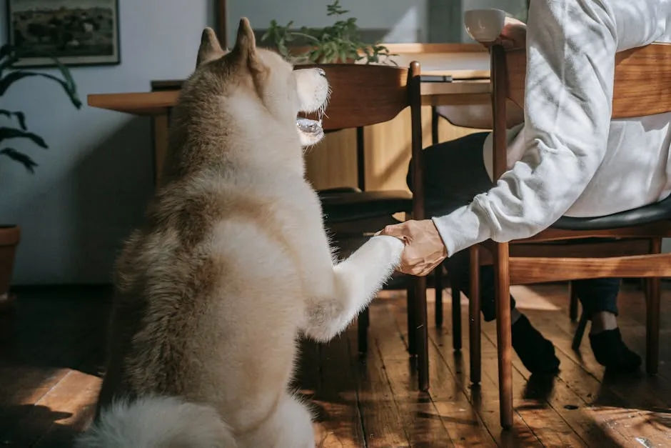 Back view of adorable Akita Inu dog giving paw to crop anonymous male owner sitting at table and drinking coffee at home