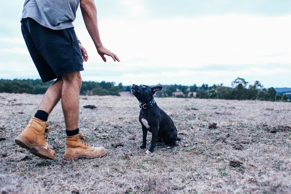 A person in boots training a black dog outdoors in a dry field.