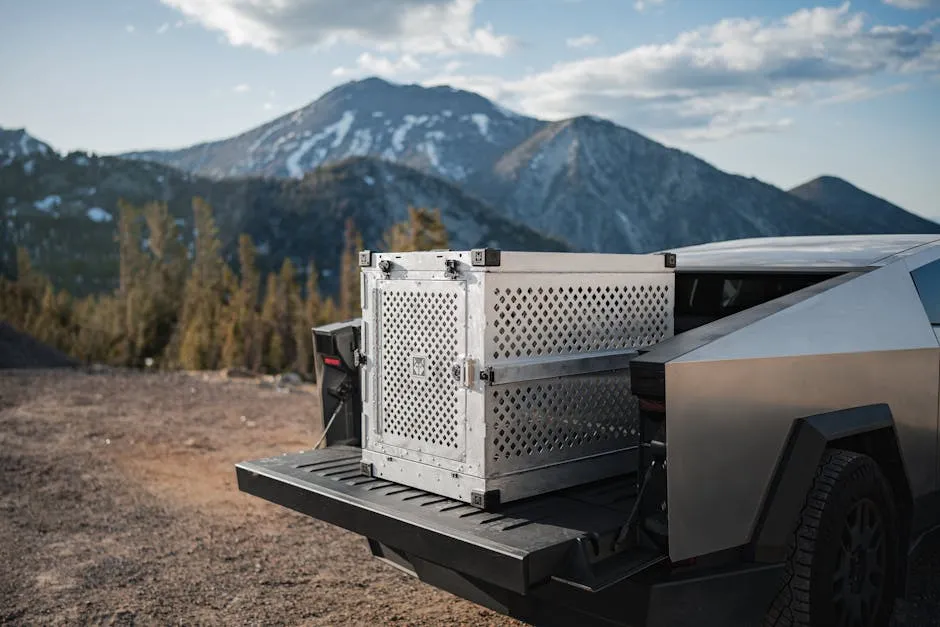 Tesla Cybertruck with Dog Crate in Mountain Landscape