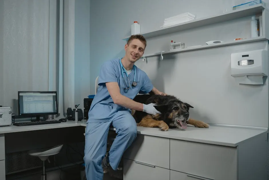 A Veterinarian Sitting Beside a Black Dog Lying on the Table