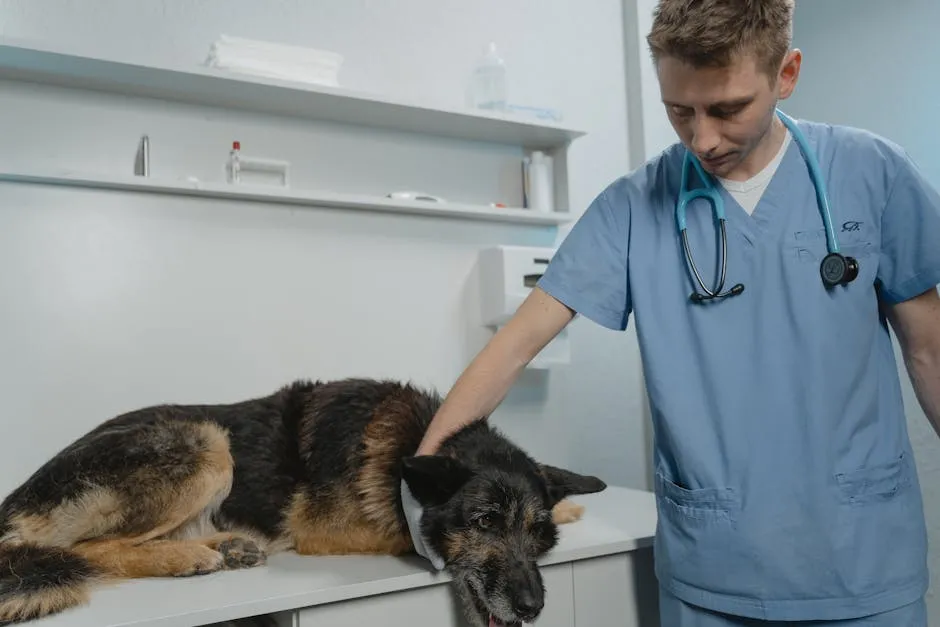 Veterinarian examining a German Shepherd dog on a clinic table, showcasing care and professionalism.