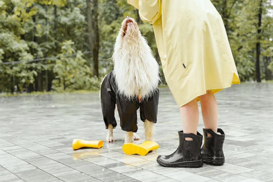Woman Standing with Dog Wearing Raincoat