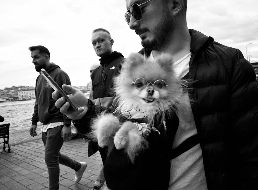 Men Walking with Pet Dog in Eyeglasses