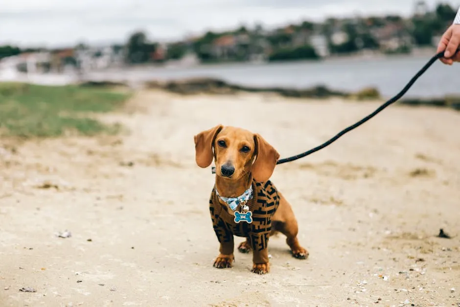 Cute dachshund dog on a sandy beach, wearing a stylish collar with a leash.