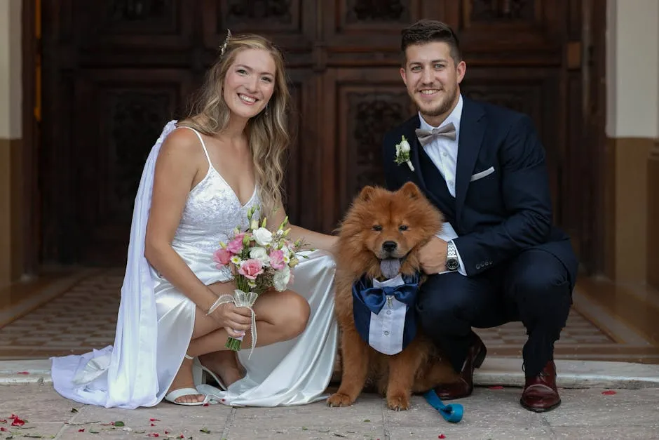 Bride and Groom Posing with Their Dog