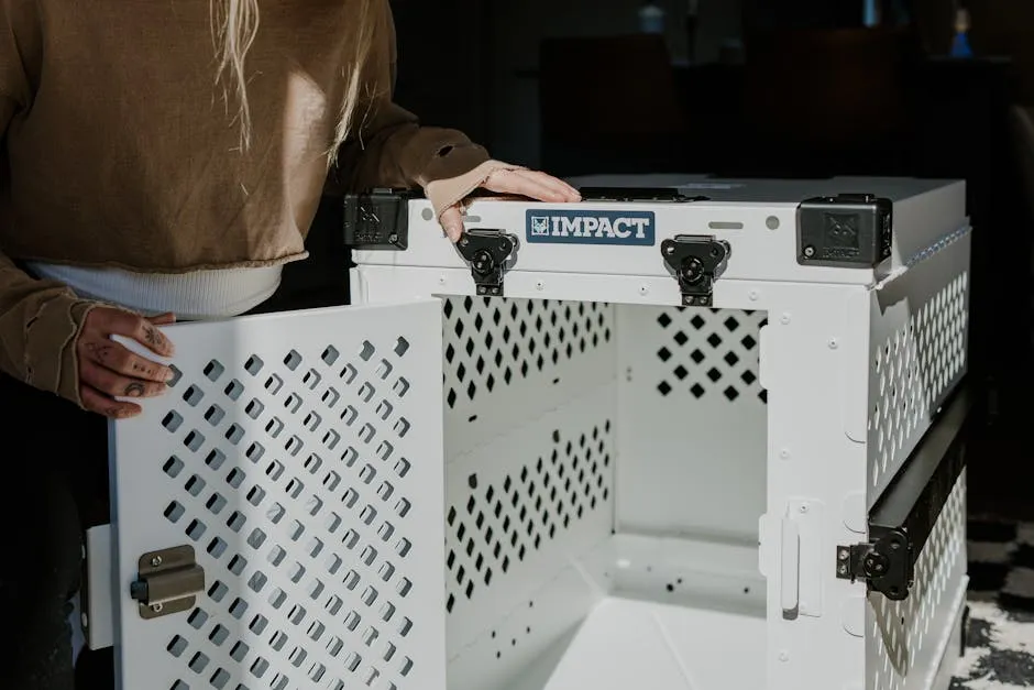 Impact Dog Crate White Collapsible with Blonde Hipster Female in Living Room