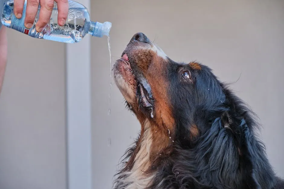 A dog drinking from a bottle of water