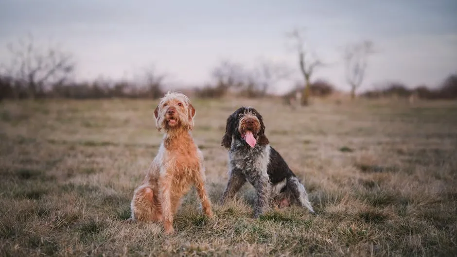 Two Adorable Dogs in Open Field at Sunset