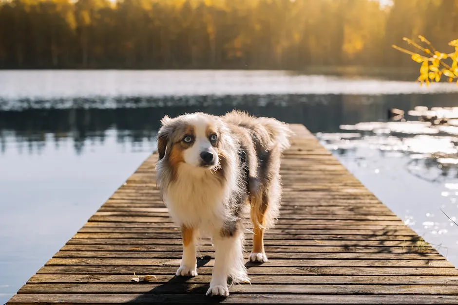 Australian Shepherd on a Wooden Dock by Lake