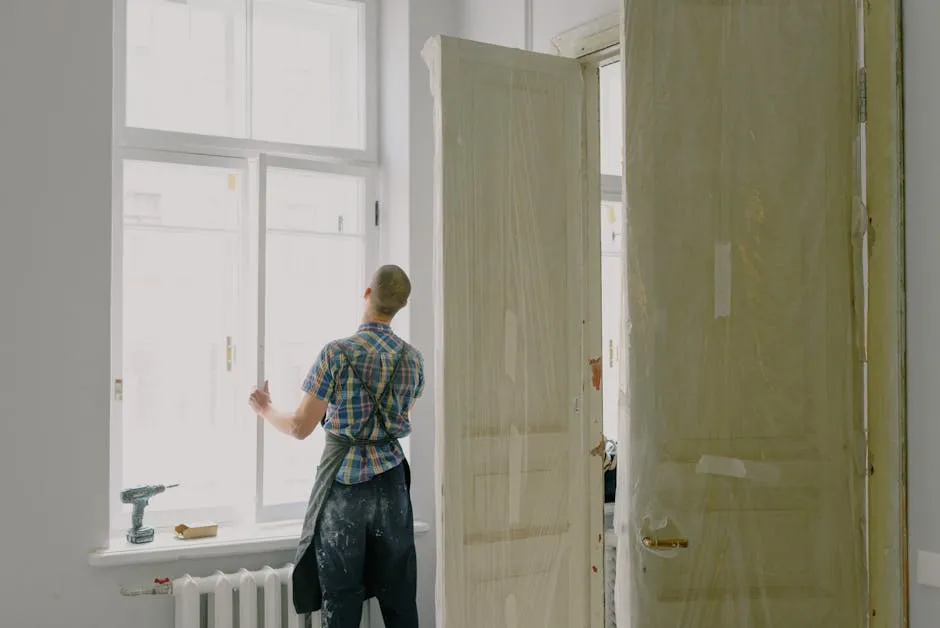 Back view of unrecognizable workman in apron mounting window near drilling machine and doors in flat