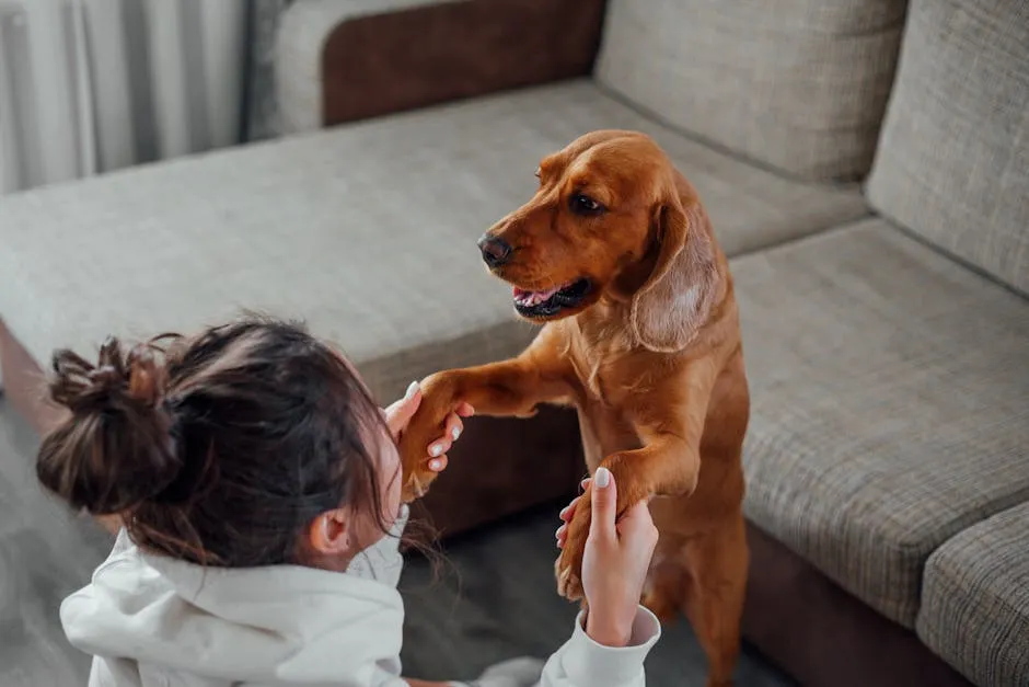 Side view of unrecognizable female owner with dark hair sitting on floor near couch and holding paws of loyal calm brown Labrador while resting together at home