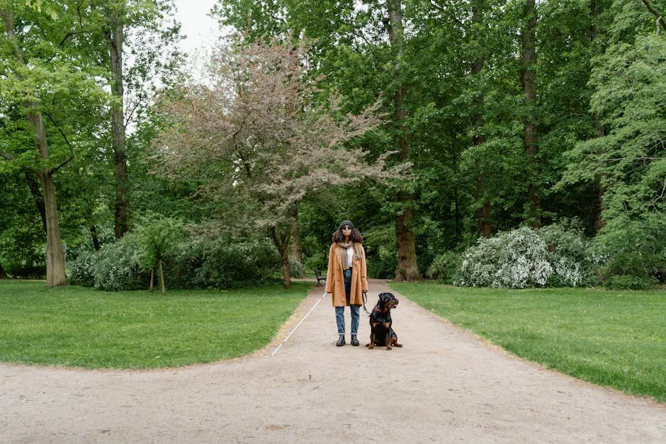 Blind Woman with a Guide Dog and a White Cane in her Hand 