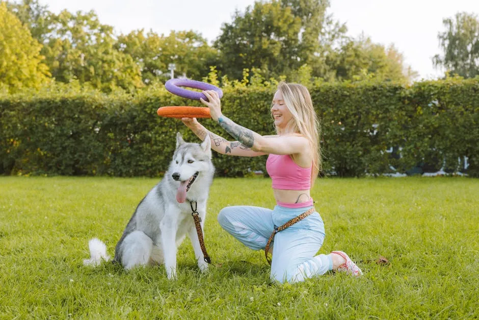 Smiling Blonde Woman with Tattoos Playing with Dog in Garden