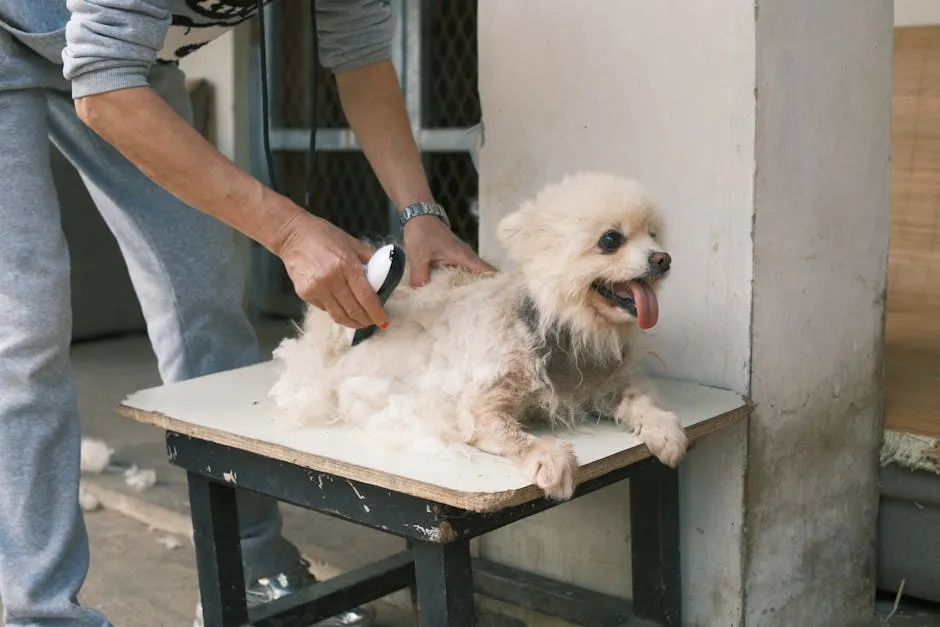 A white Pomeranian dog being groomed on a table by a person indoors.