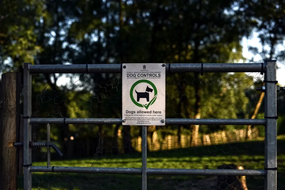 A Sign on a Gate in a Park Allowing Dogs to Come In 