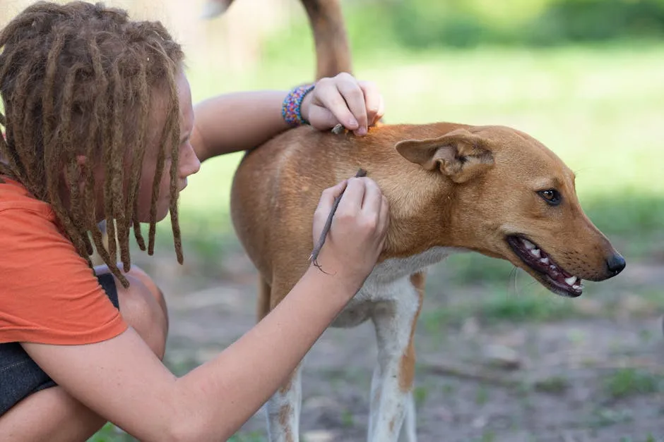 Person checking a dog for ticks outdoors, promoting pet care and bonding.