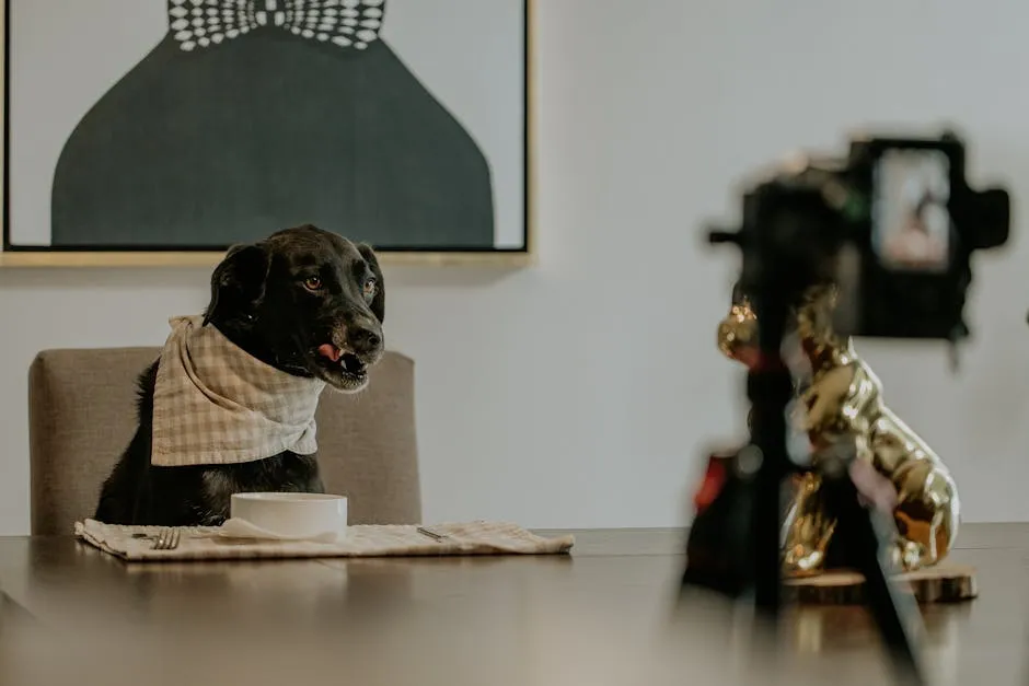 Dog in Bib by Table