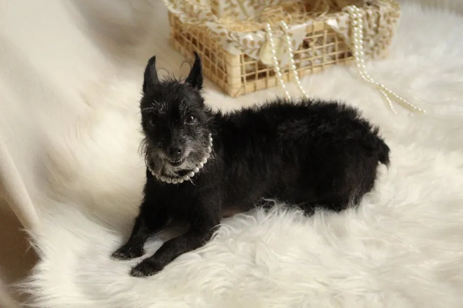 Black Dog in a Pearl Collar Lying on a White Carpet