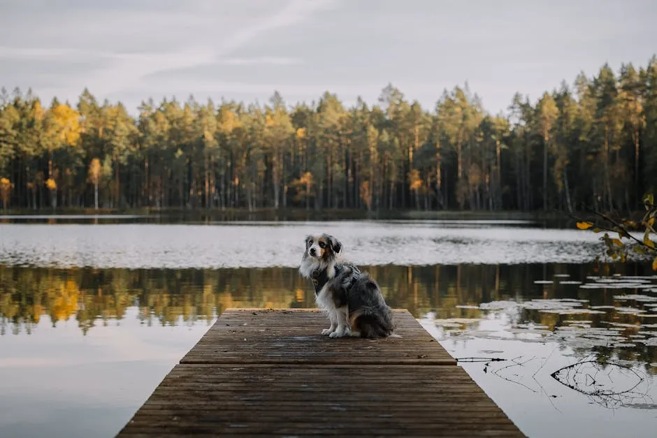 Australian Shepherd on Tranquil Lake Dock